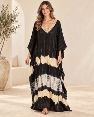 Boho Luxe India Boutique Tie Dye Kaftan Maxi Dress Gold Sequin NWT One Size